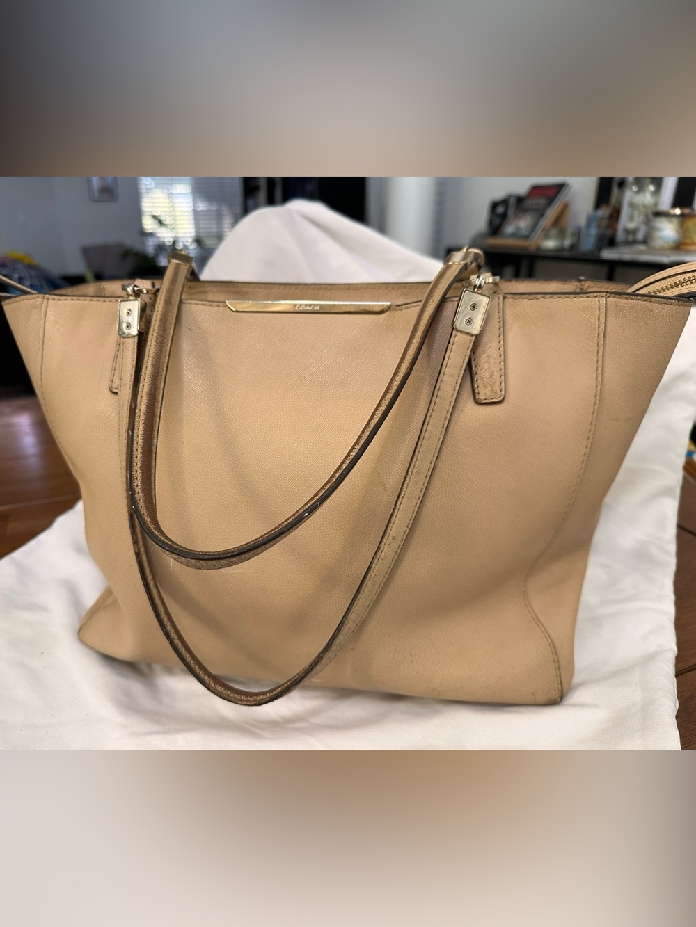 Coach Nude Beige Leather Tote with Gold Accents